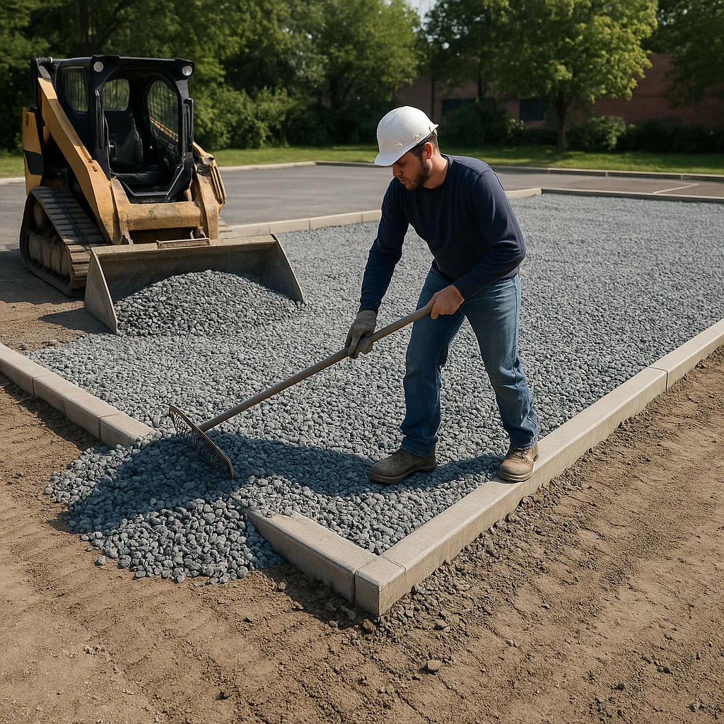 Gravel base installation for parking lot